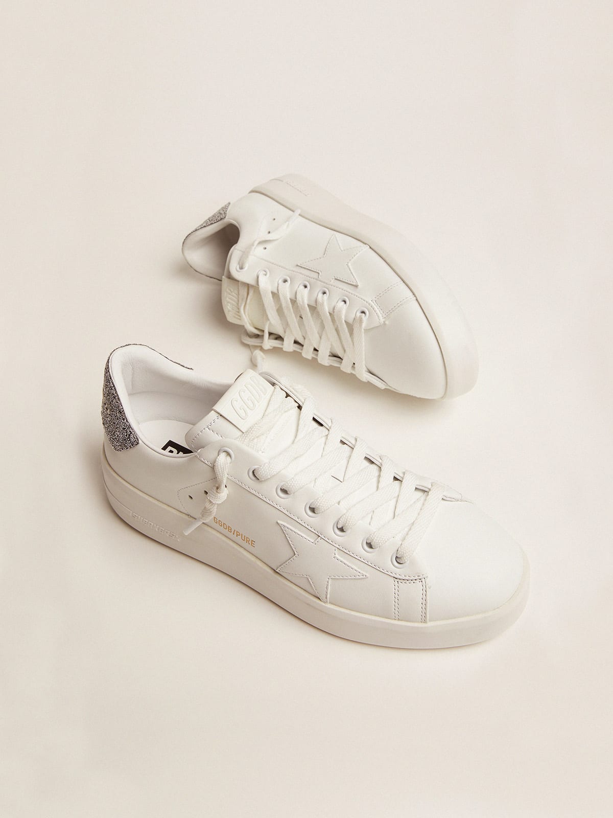 Purestar in white leather with silver Swarovski crystal heel tab | Golden  Goose