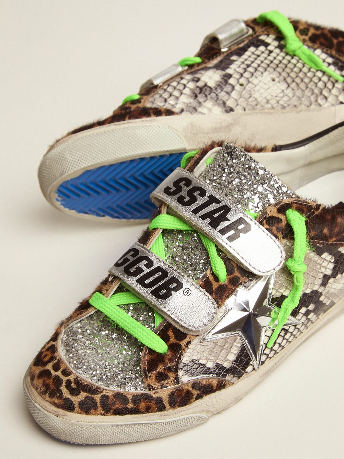 Old School sneakers with leopard print pony skin and snake print