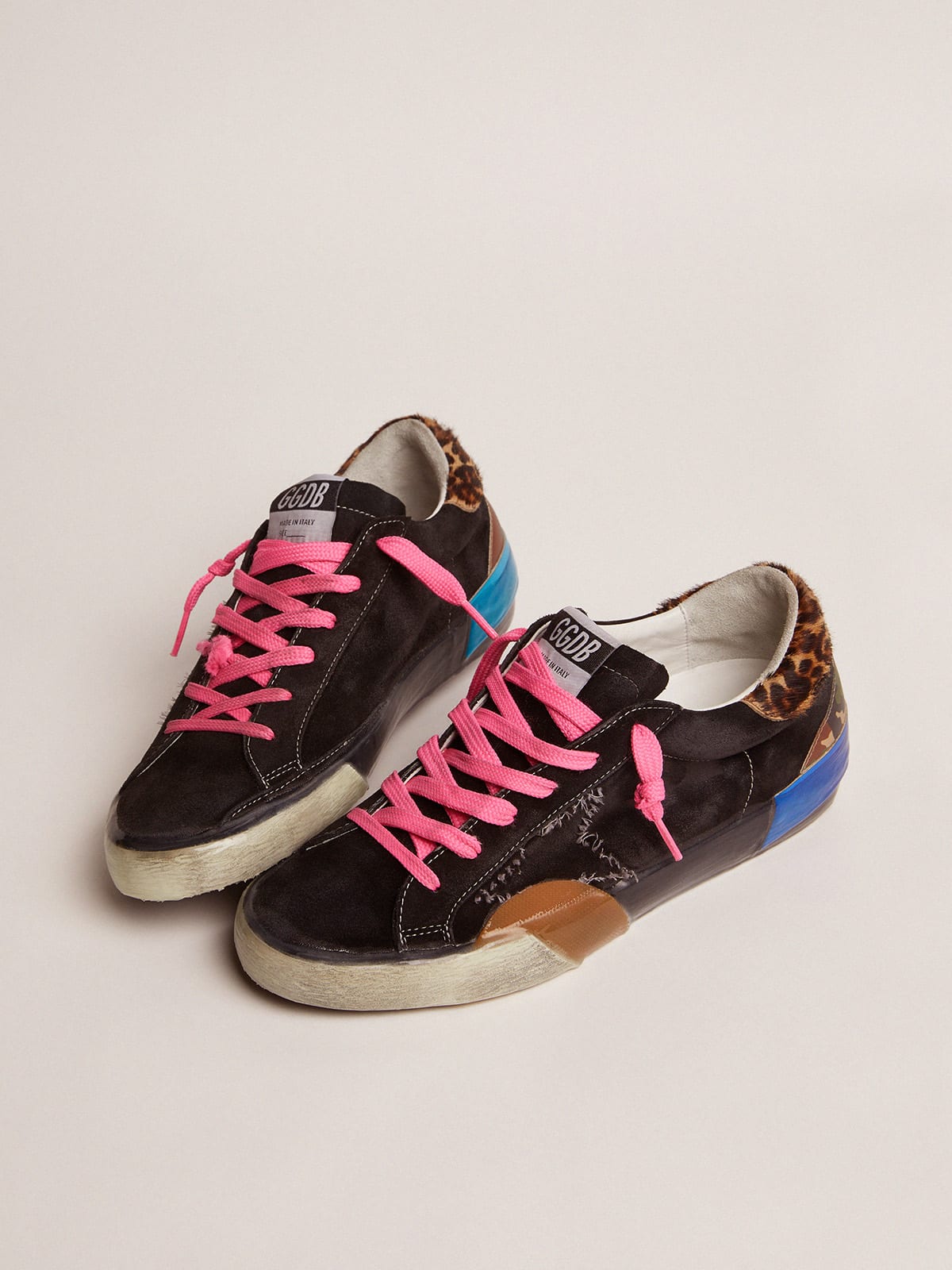 Women\'s Super-Star LAB sneakers in suede with leopard-print pony skin heel  tab | Golden Goose