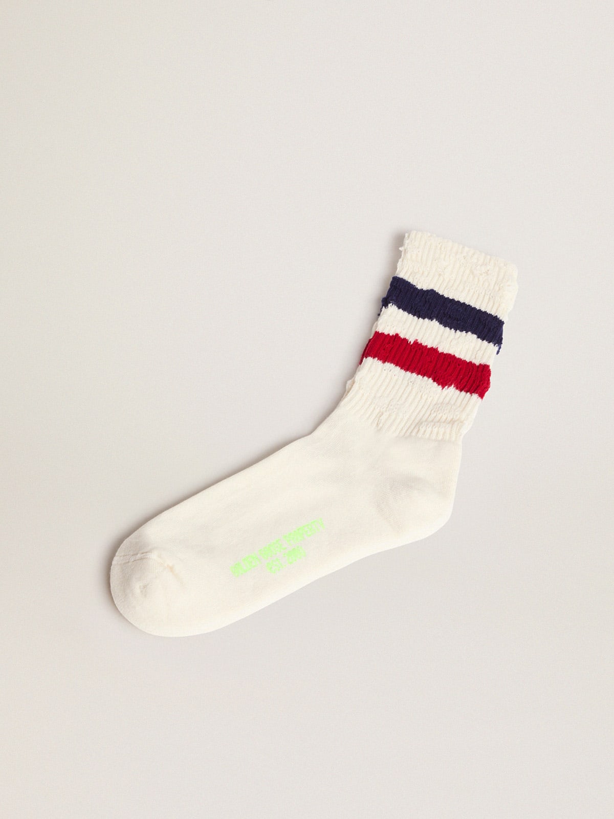 Vintage white socks with distressed details and two-tone stripes