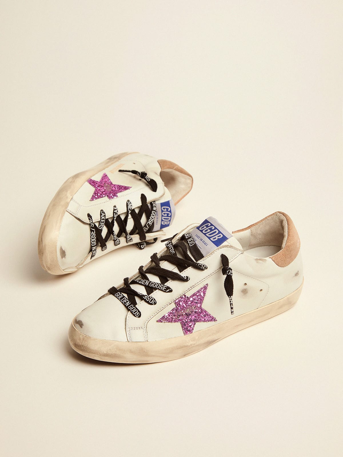 Super-Star sneakers in white leather with lavender-colored glitter star |  Golden Goose