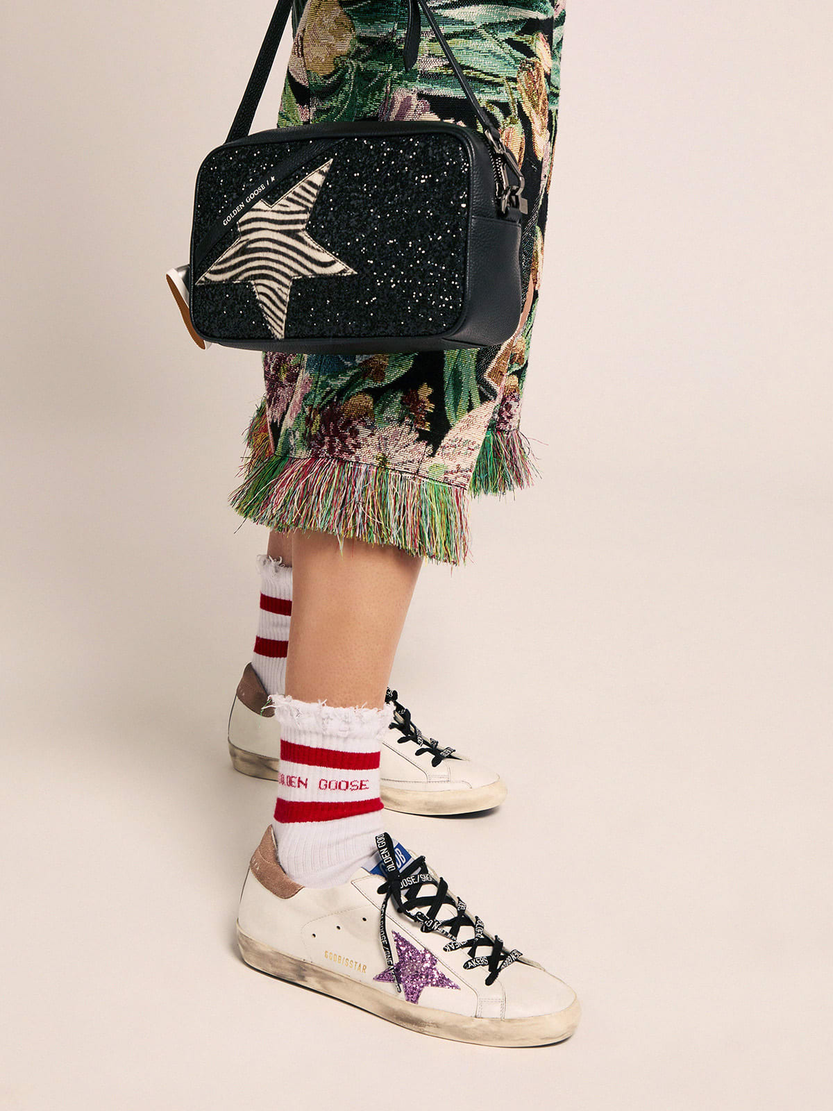 Super-Star sneakers in white leather with lavender-colored glitter star |  Golden Goose