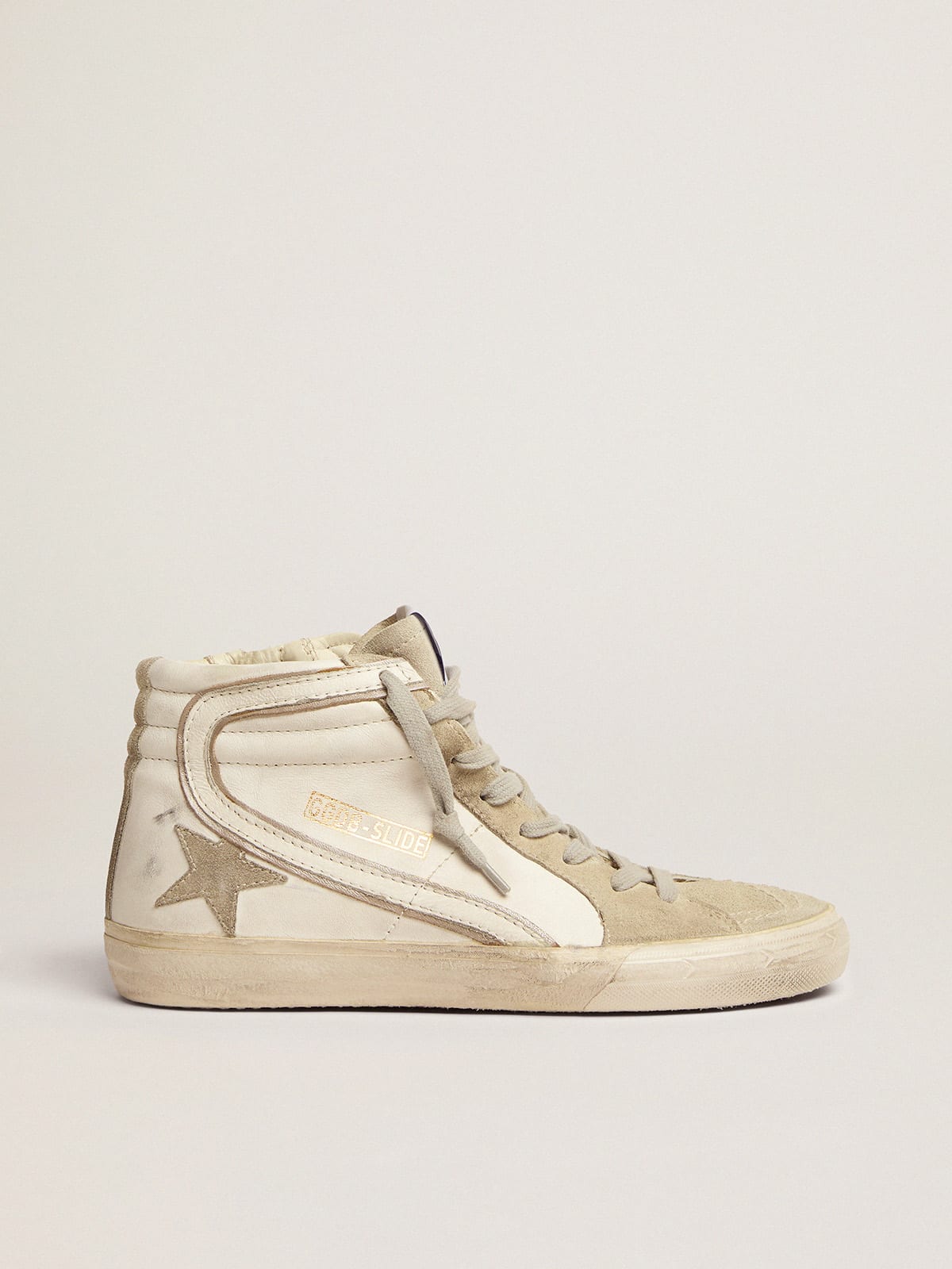 GOLDEN GOOSE Slide embellished distressed glittered leather and suede high-top  sneakers