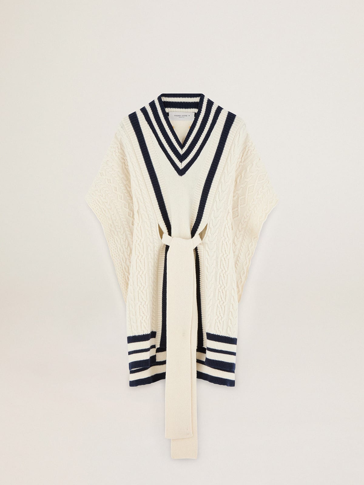 Golden Goose - Oversize Journey Collection Dane cape in natural white-colored wool with contrasting blue details in 