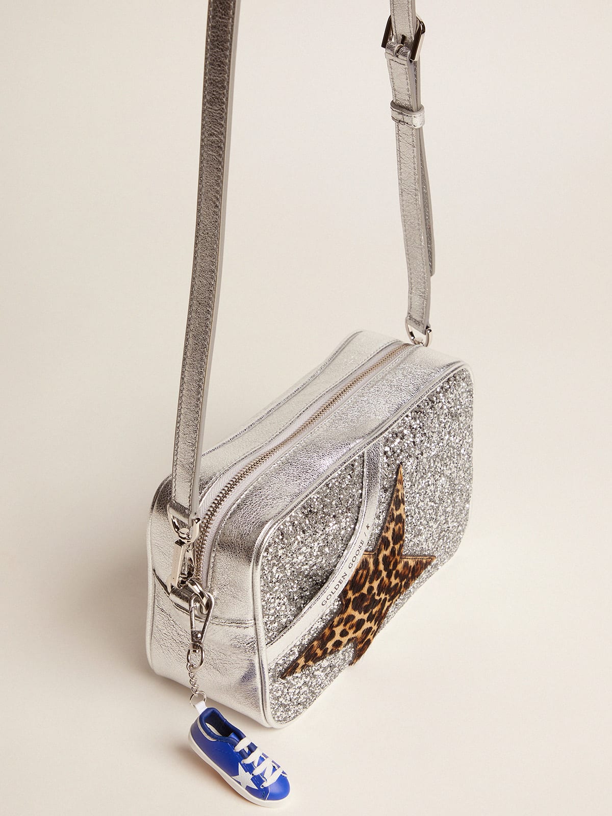 Golden Goose - Star Bag in laminated leather with silver glitter and star in leopard-print pony skin. in 