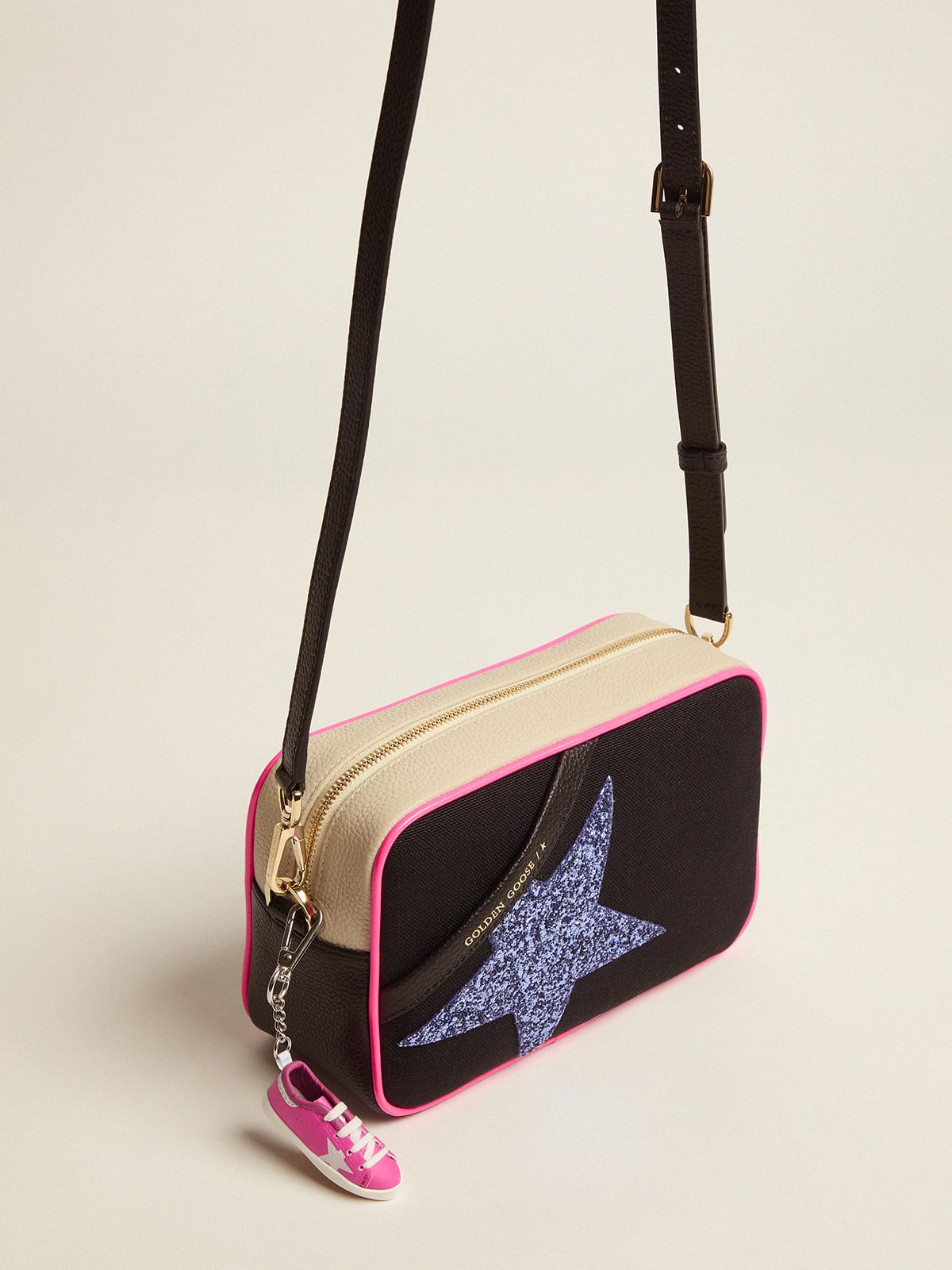 Golden Goose - Star Bag in canvas with inserts in white milk hammered leather and purple glitter star in 
