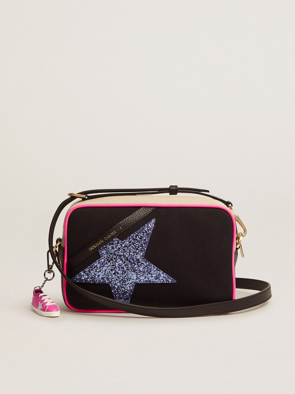 Golden Goose - Star Bag in canvas with inserts in white milk hammered leather and purple glitter star in 