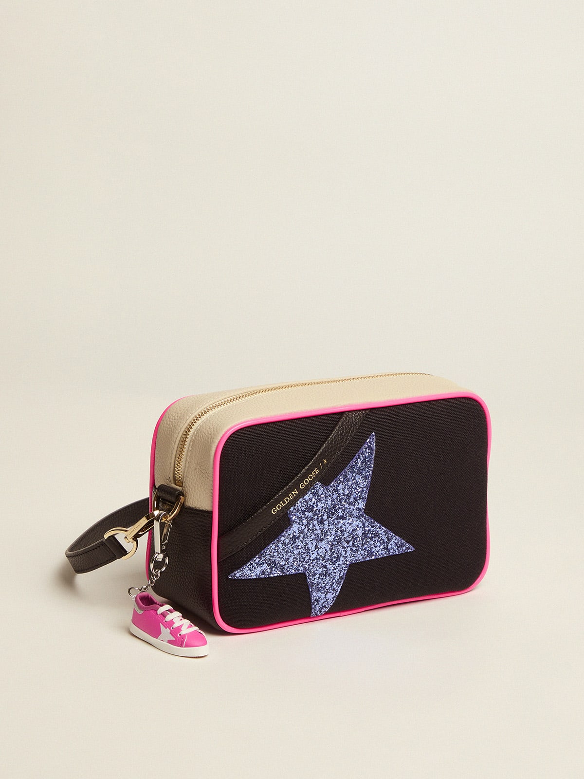 Golden Goose - Star Bag in canvas with inserts in white milk hammered leather and purple glitter star in 
