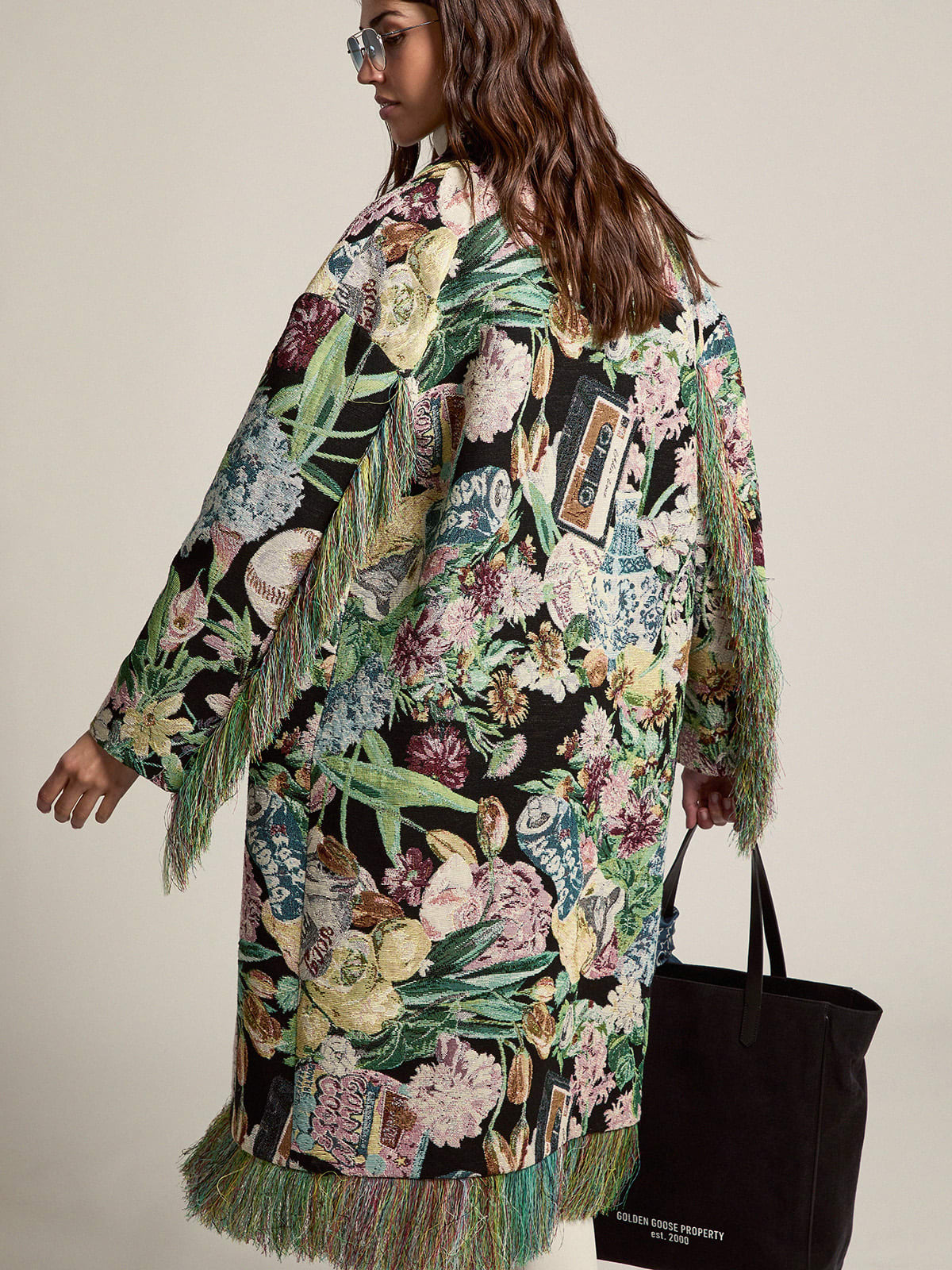 Single-breasted jacquard coat with flower collage and fringes