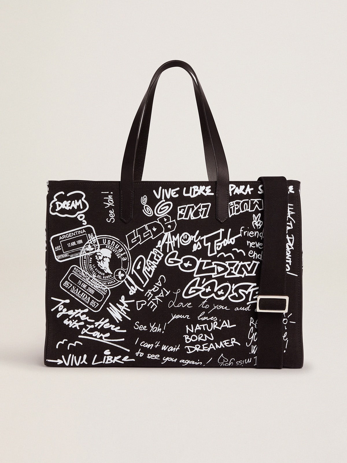 Golden Goose - East-West California Bag in black canvas with graffiti in 