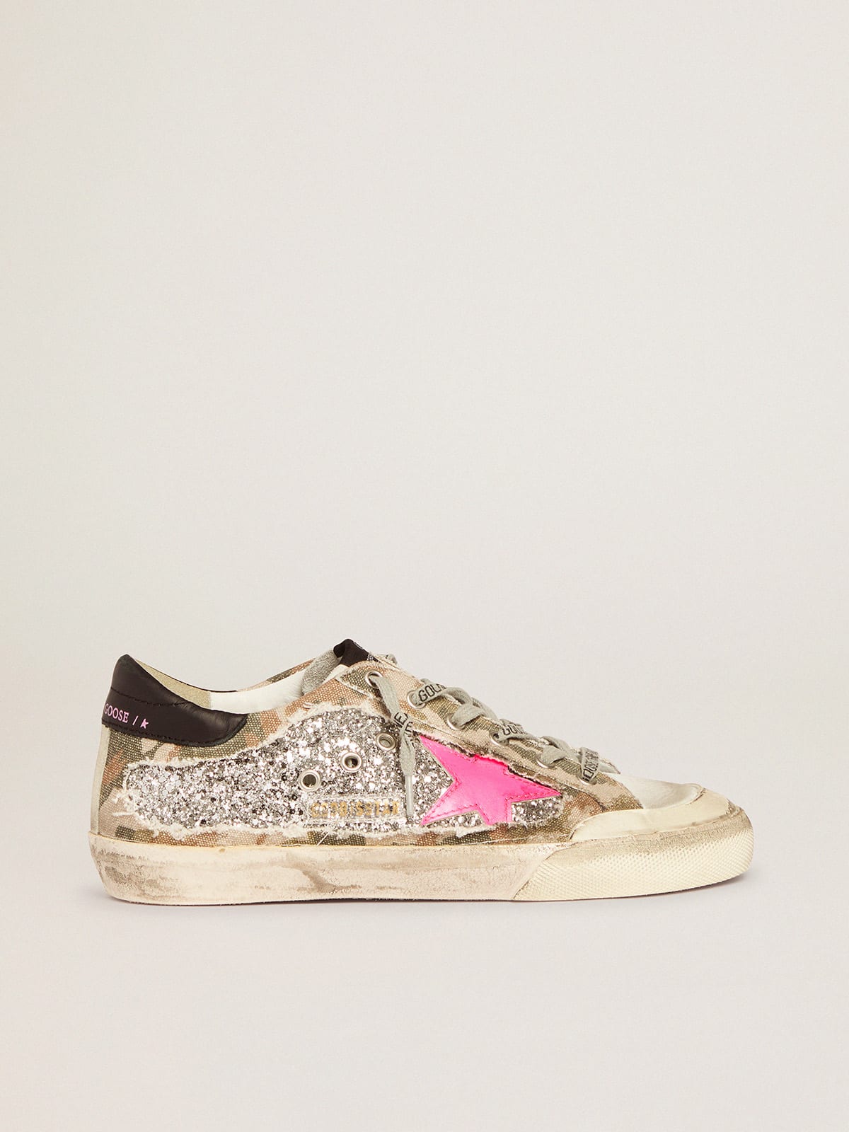 Golden Goose - Sneaker Super-Star in glitter argento e canvas camouflage in 