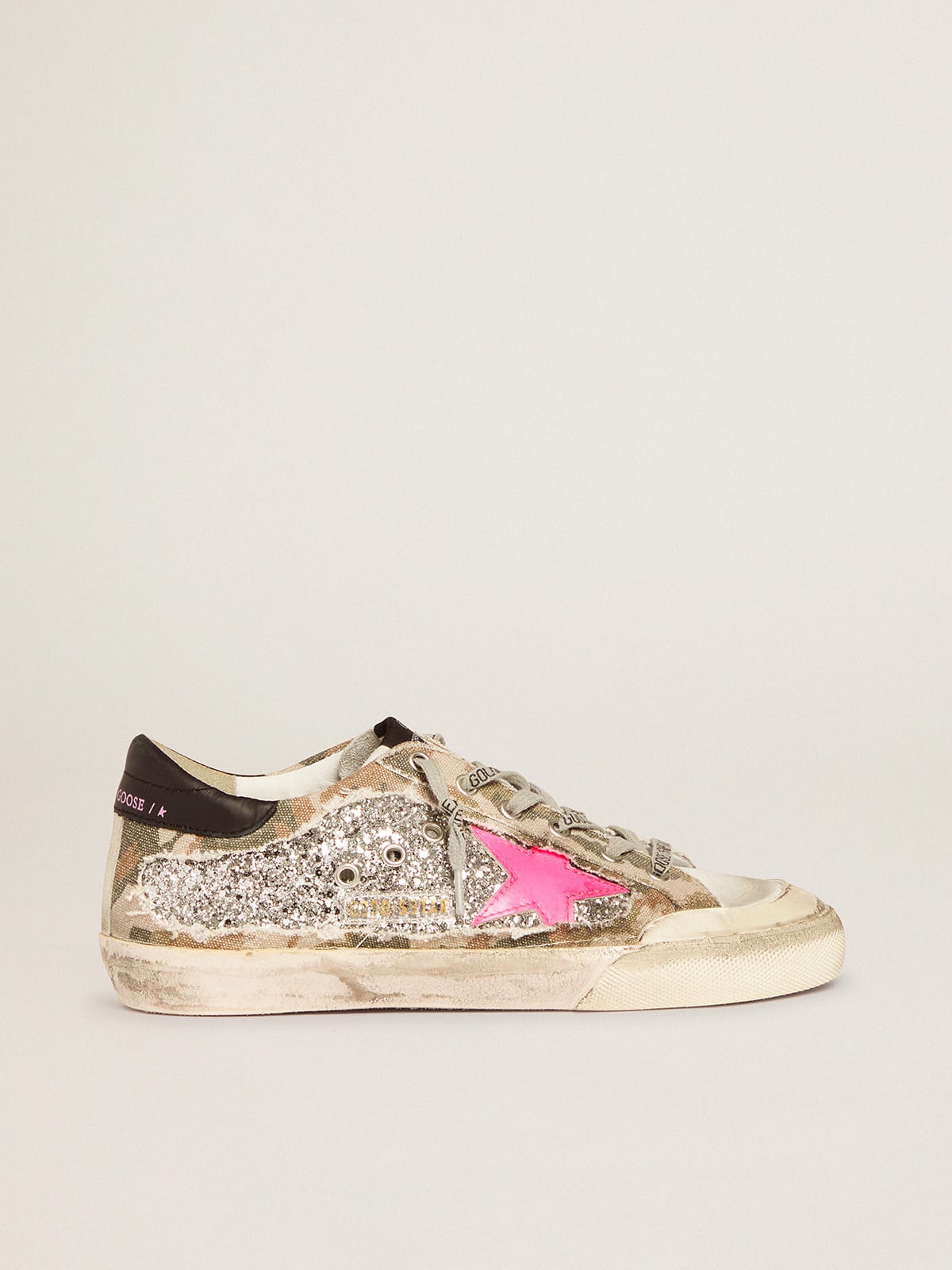 Super Star Sneakers In Silver Glitter And Camouflage Canvas Golden Goose