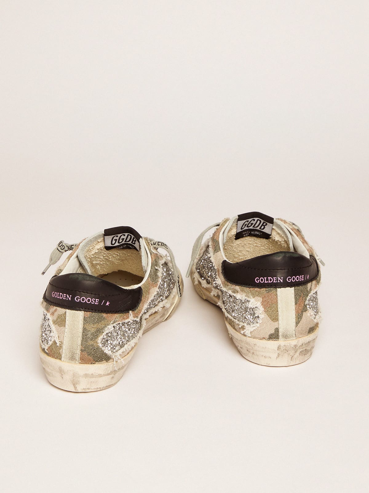 Golden Goose - Sneaker Super-Star in glitter argento e canvas camouflage in 