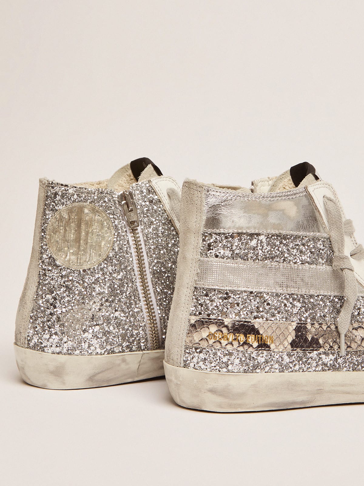 Francy LAB sneakers with glitter upper and silver and snake-print stripes |  Golden Goose