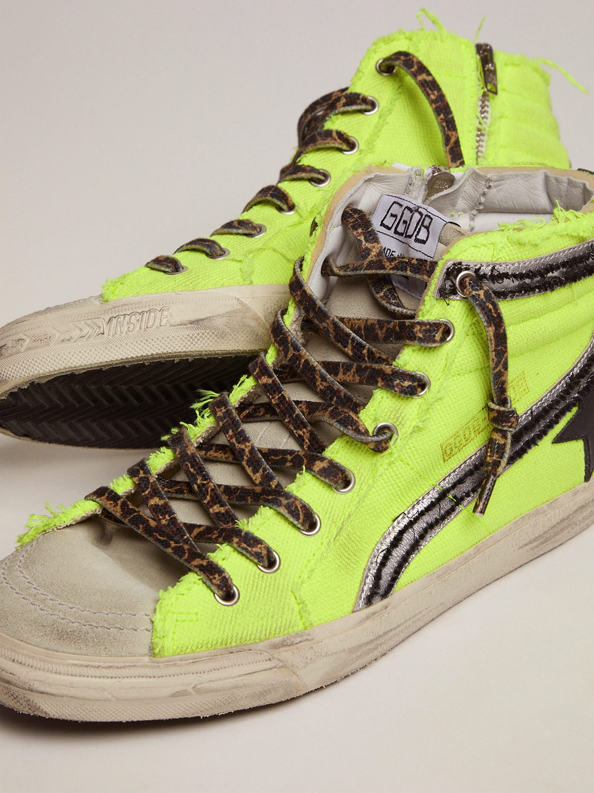 Slide sneakers in fluorescent yellow canvas with black star | Golden Goose