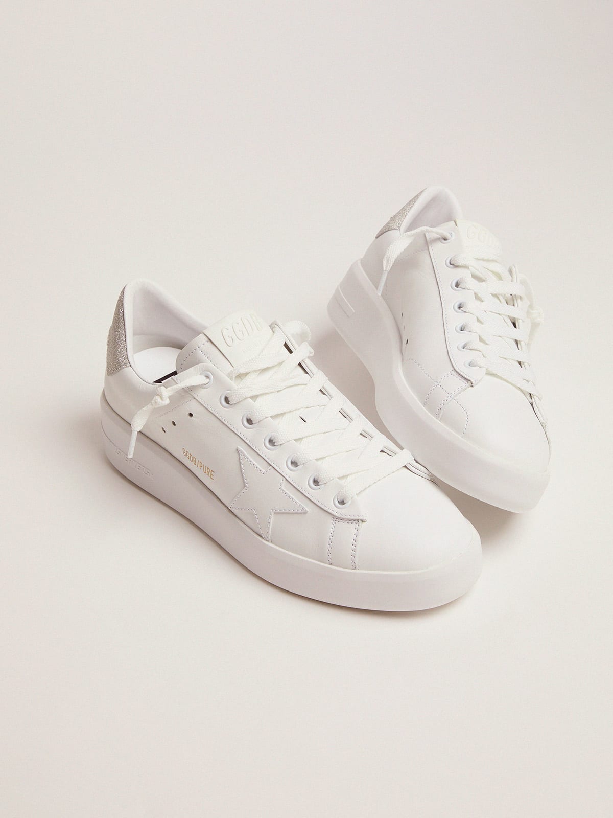 Golden Goose - Purestar sneakers in white leather with champagne glitter heel tab in 