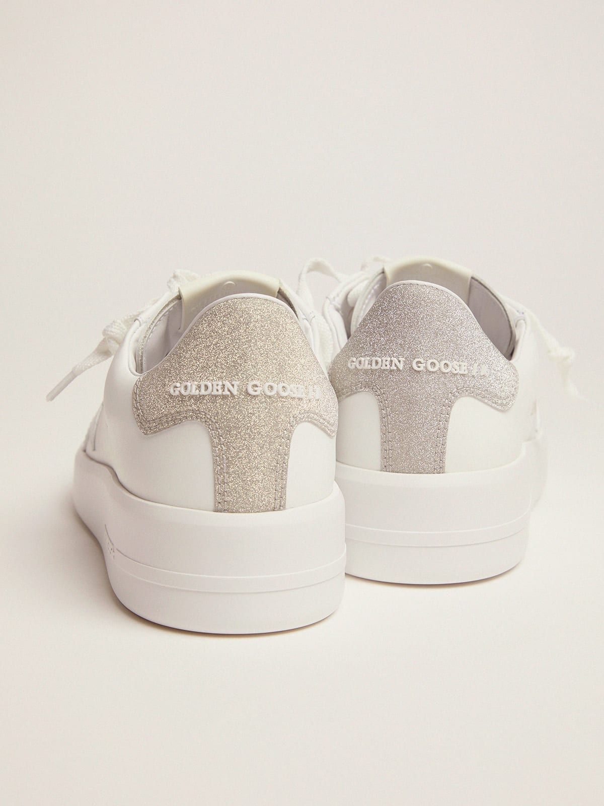 Purestar sneakers in white leather with champagne glitter heel tab | Golden  Goose