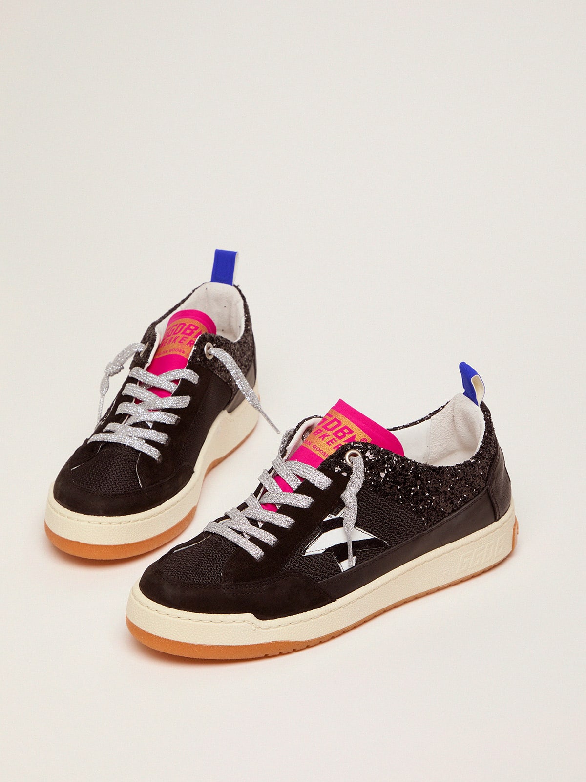 Women s black Yeah sneakers with glitter and zebra print star