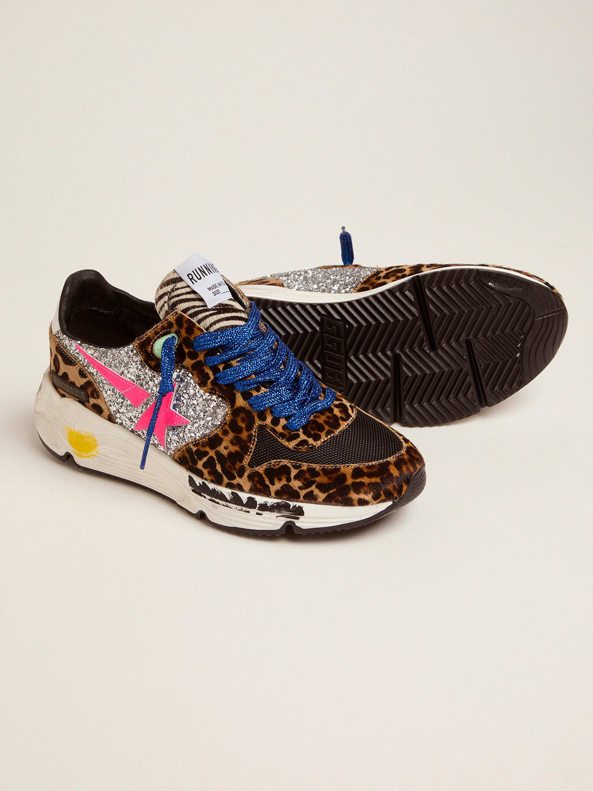 Golden Goose - Running Sole sneakers in leopard-print pony skin with glitter inserts in 