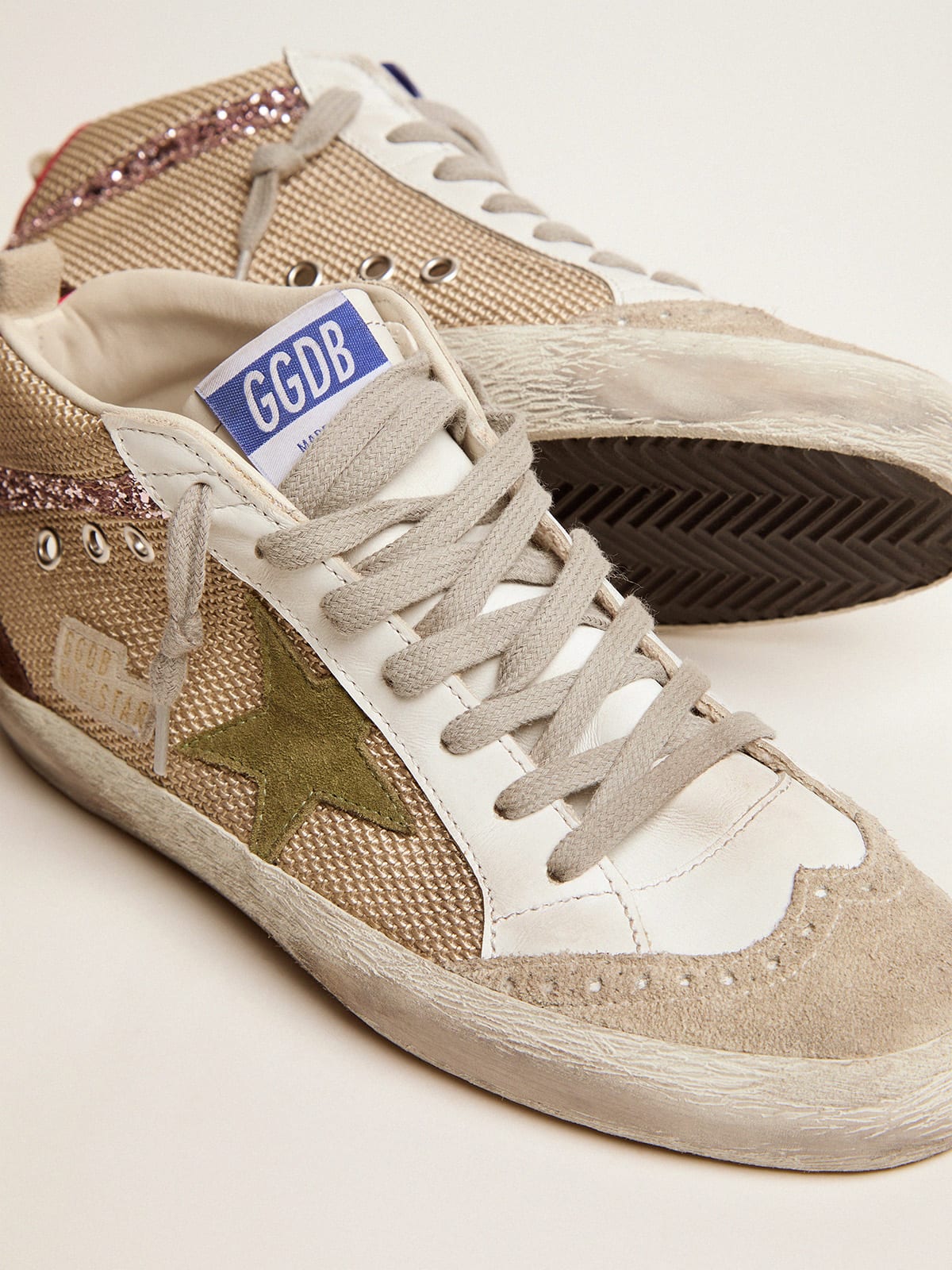 Mid Star sneakers in cream-colored mesh with suede and glitter