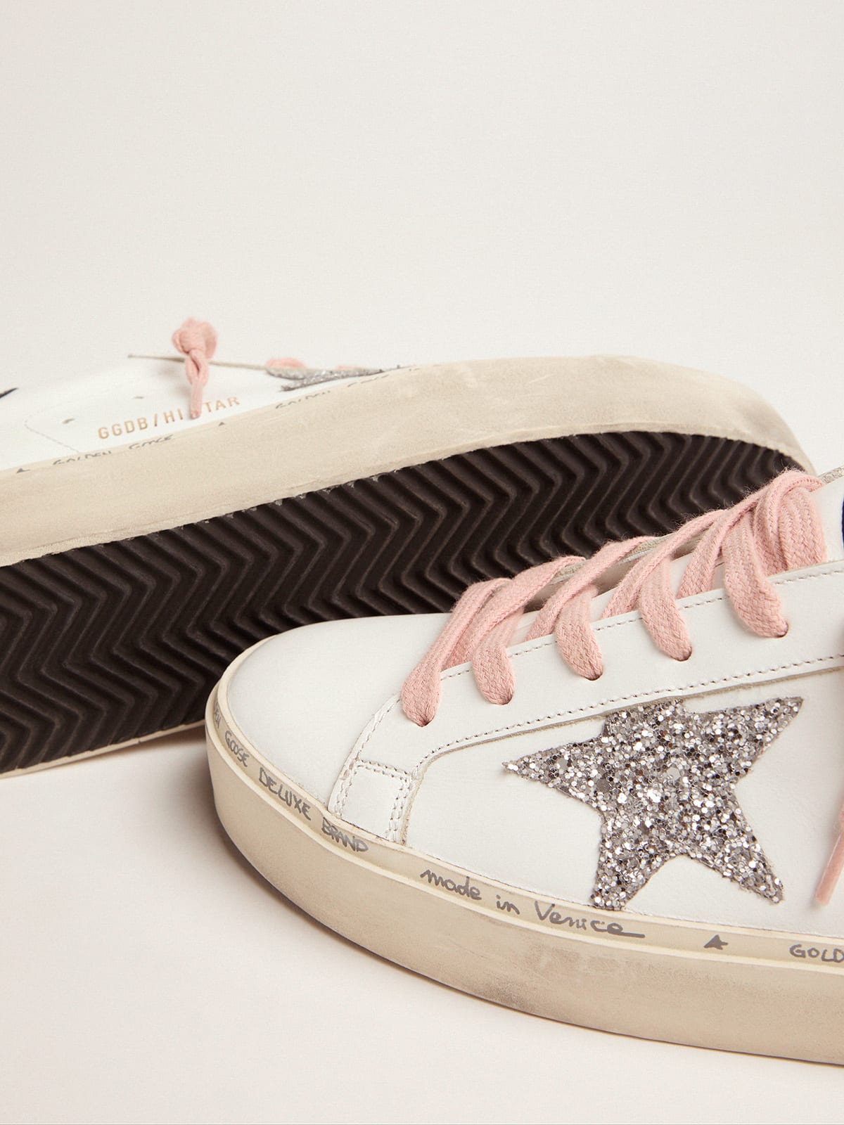 White Hi-Star sneakers with glittery star and pink laces | Golden Goose