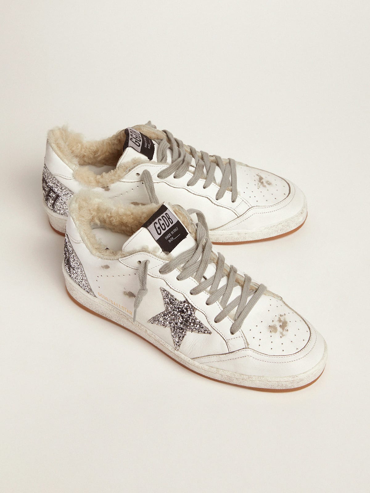 Ball Star sneakers in leather with glitter details and shearling lining |  Golden Goose