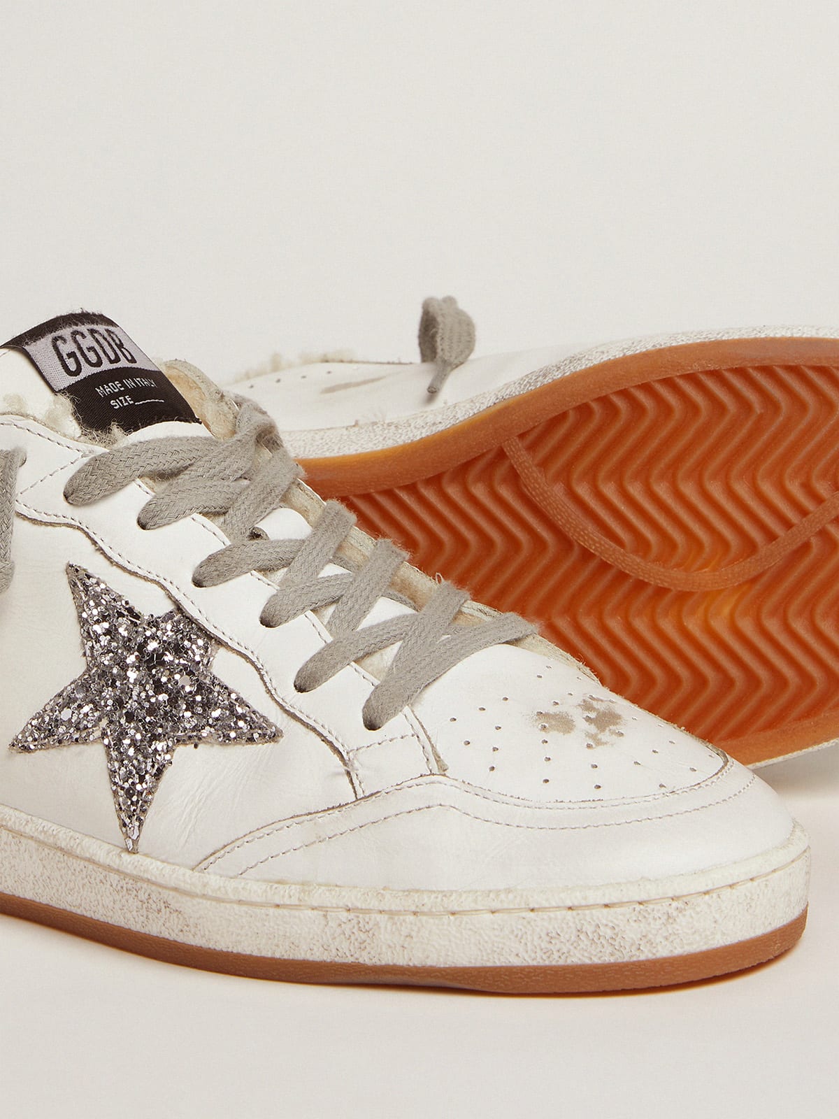 Ball Star sneakers in leather with glitter details and shearling lining |  Golden Goose