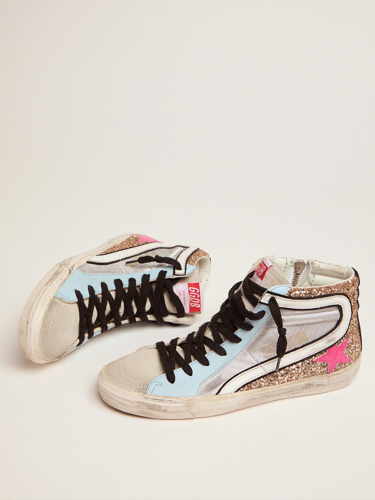 Slide LTD sneakers with glitter and fuchsia star | Golden Goose