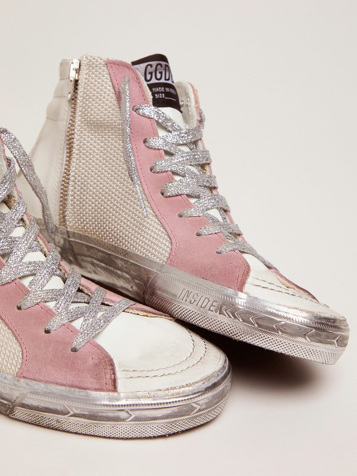 slide sneakers with white and pink upper
