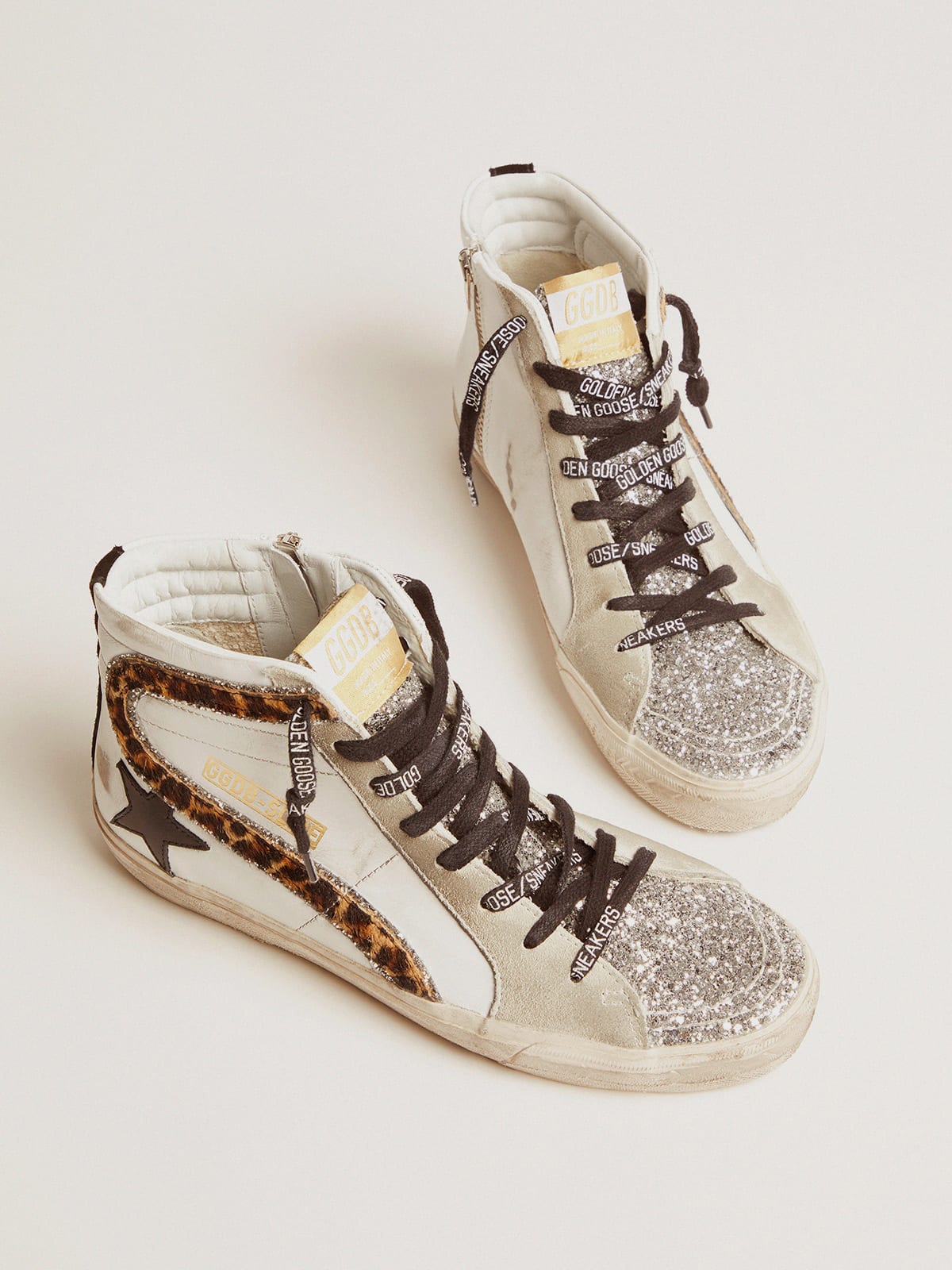 Slide sneakers with glitter and leopard-print flash | Golden Goose