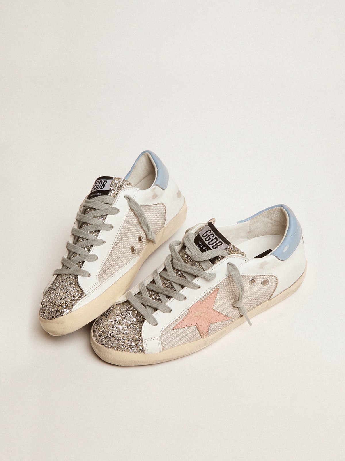 Women's Super-Star in silver leather with contrasting inserts