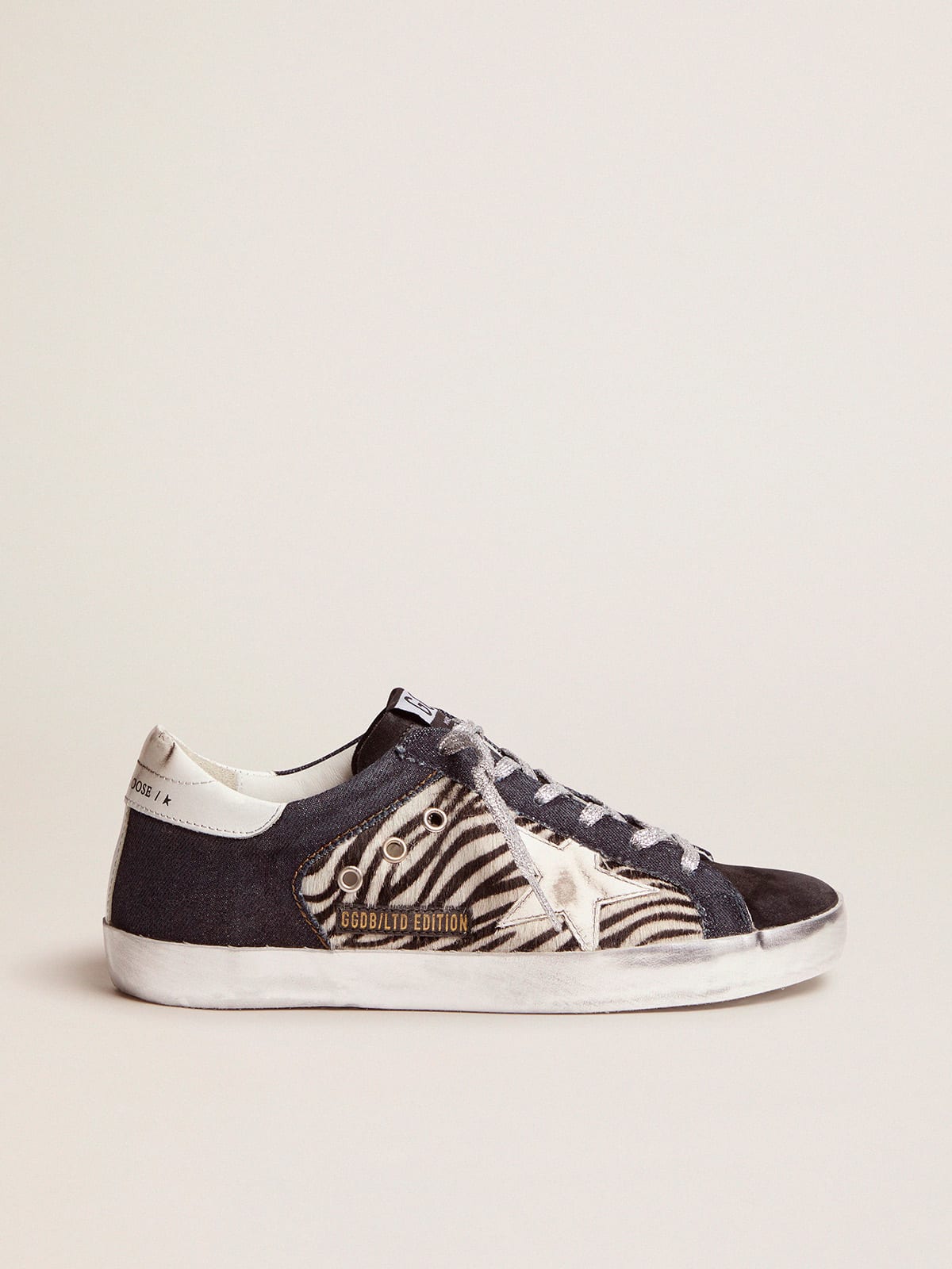 LAB Limited Edition Super-Star sneakers in denim, zebra-print pony skin and  suede | Golden Goose