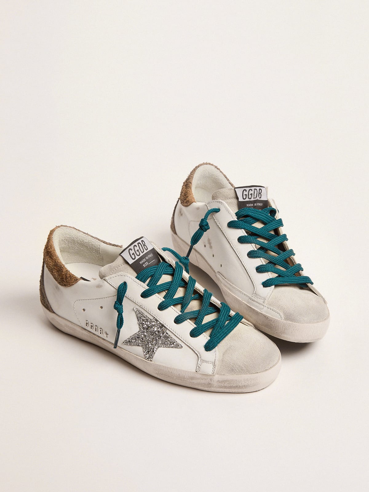 Super-Star sneakers with silver glitter star and leopard-print suede heel  tab | Golden Goose
