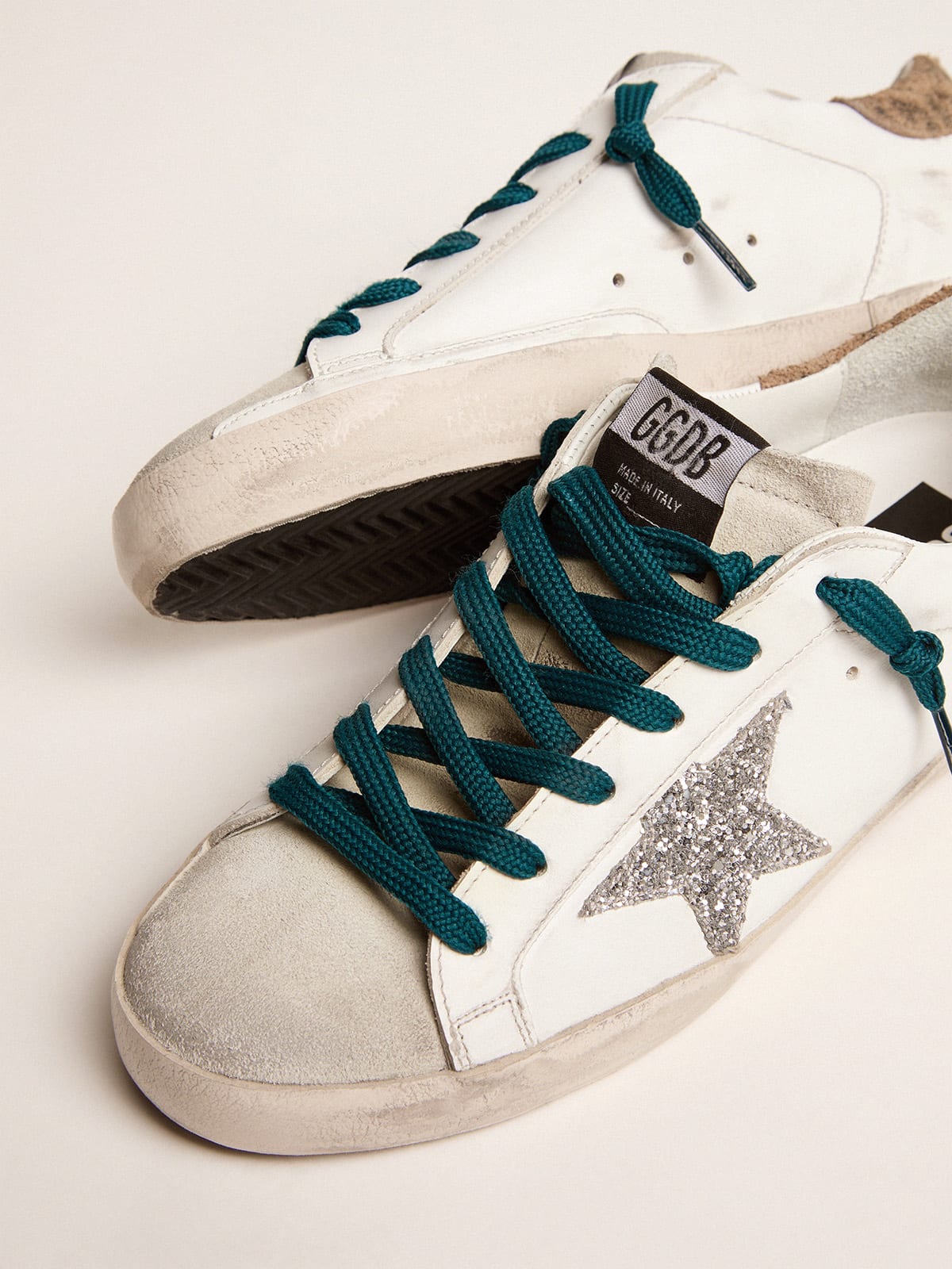 Super-Star sneakers with silver glitter star and leopard-print suede heel  tab | Golden Goose