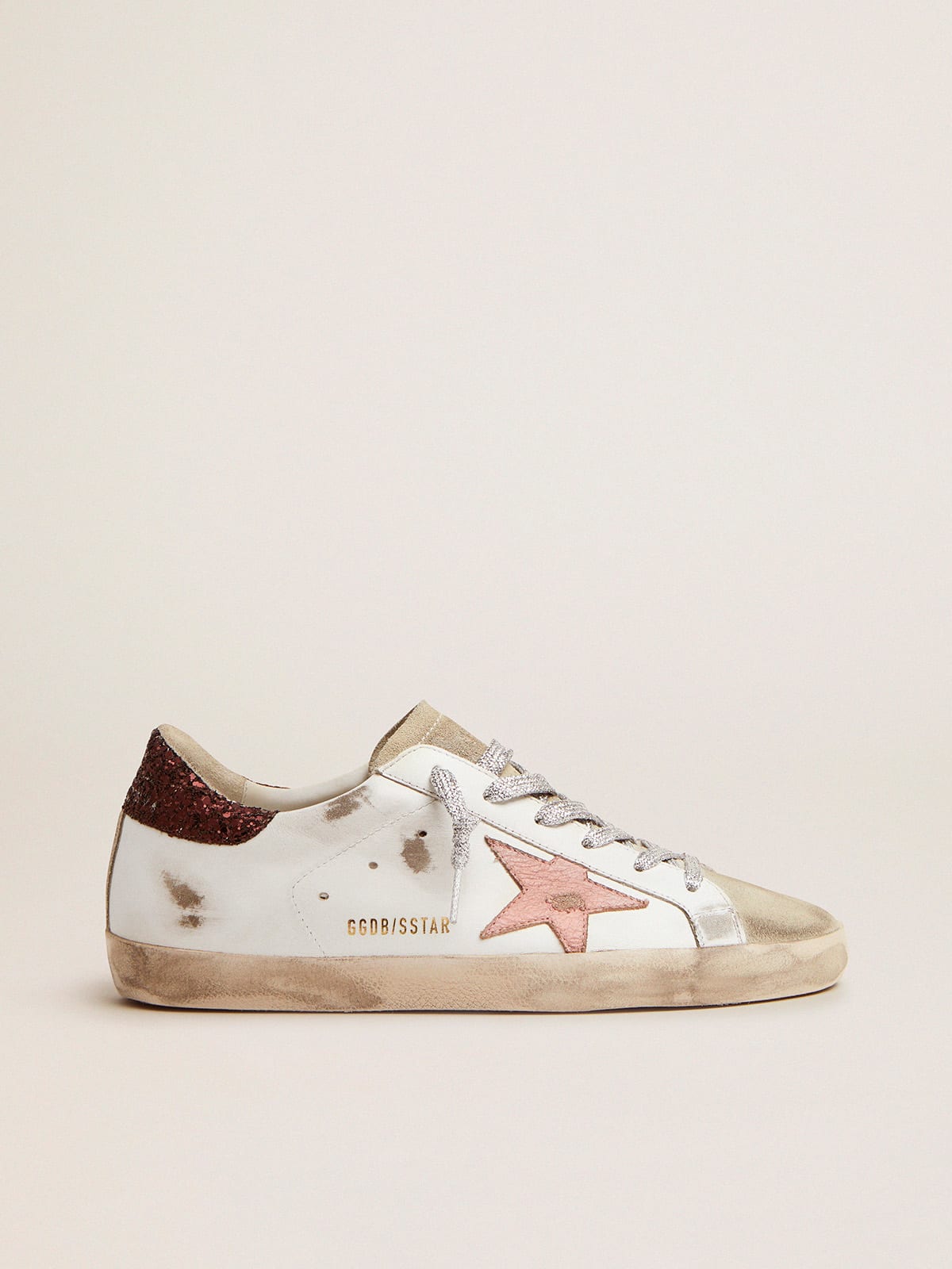 Super-Star sneakers with brown glitter heel tab and pink crackled ...