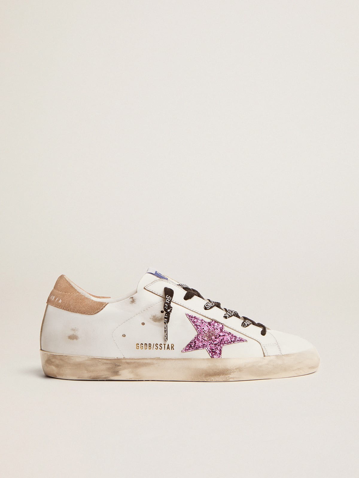 Super-Star sneakers in white leather with lavender-colored glitter star |  Golden Goose