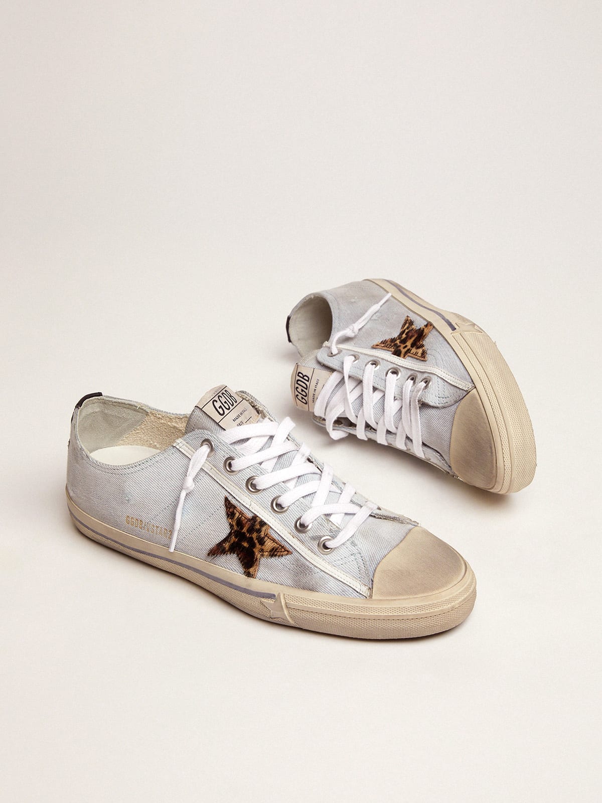 Golden Goose - V-Star LTD sneakers in denim with leopard-print pony skin star in 