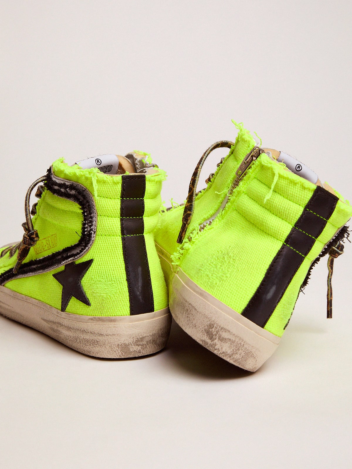 Slide sneakers in fluorescent yellow canvas with black star | Golden Goose