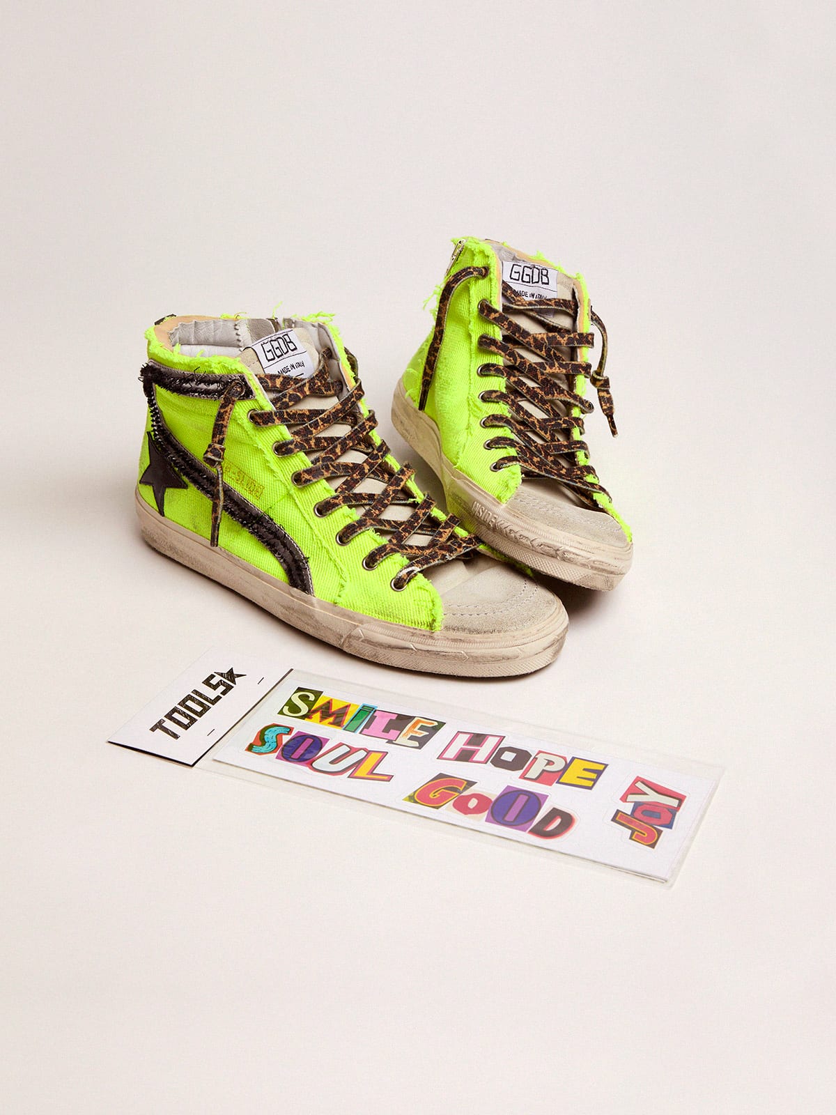 Slide sneakers in fluorescent yellow canvas with black star | Golden Goose