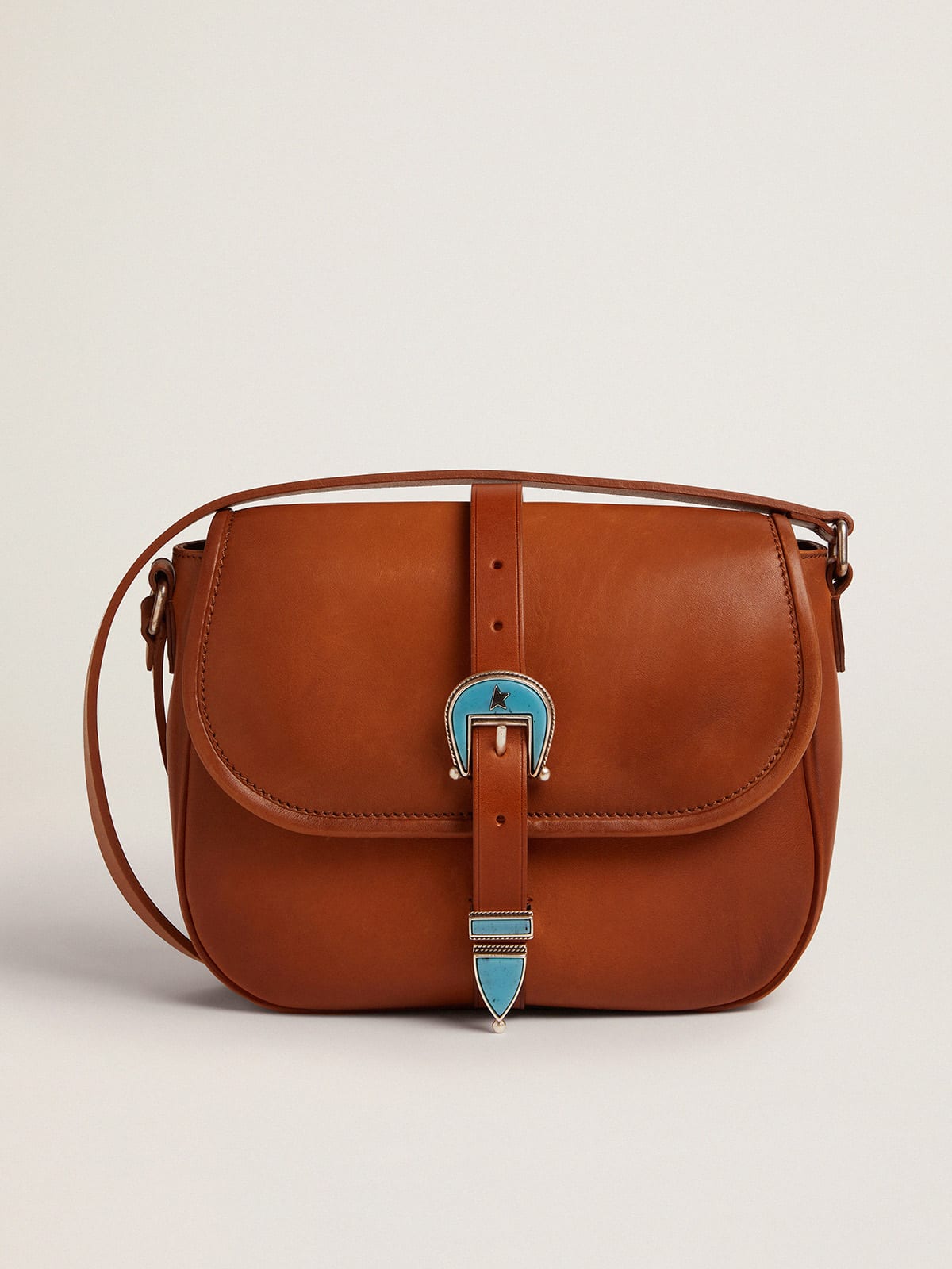 Golden Goose - Medium Rodeo Bag in tan-colored leather with light blue details in 