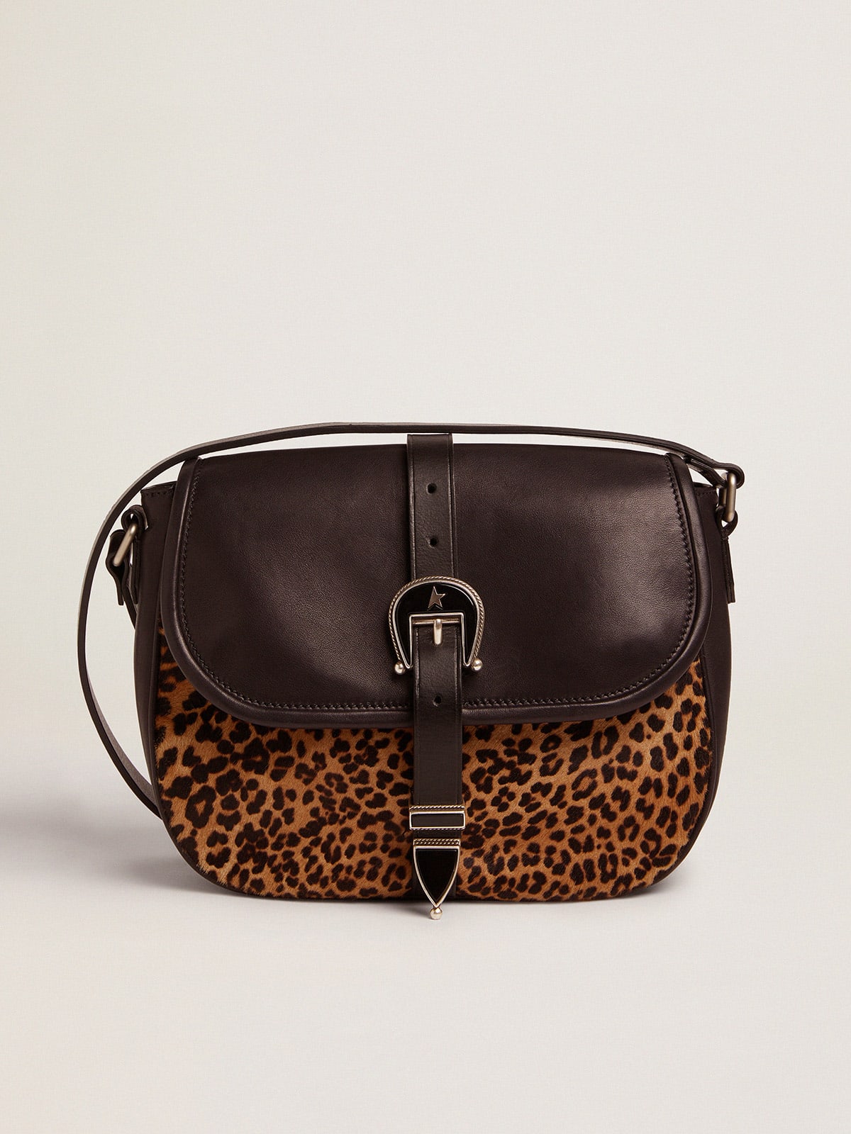 Golden Goose - Medium Rodeo Bag in black leather and leopard-print pony skin in 