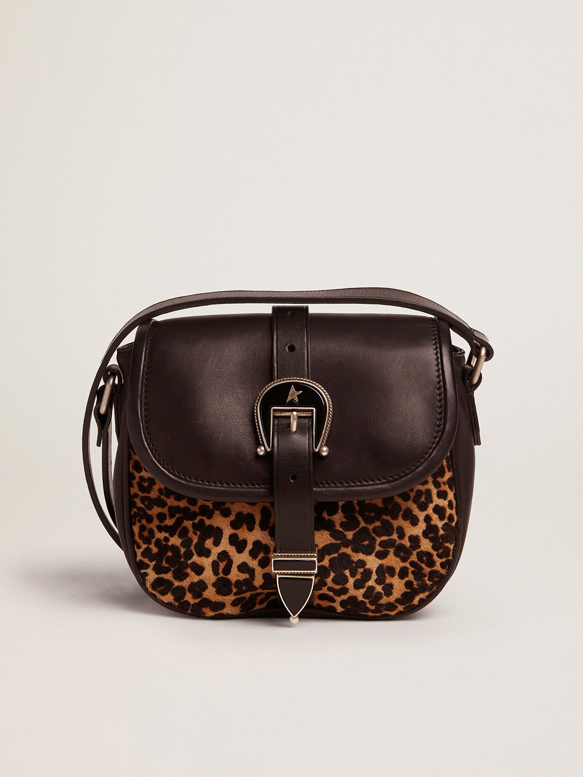 Rodeo Bag pequeño de piel negra y efecto con estampado de leopardo | Golden Goose