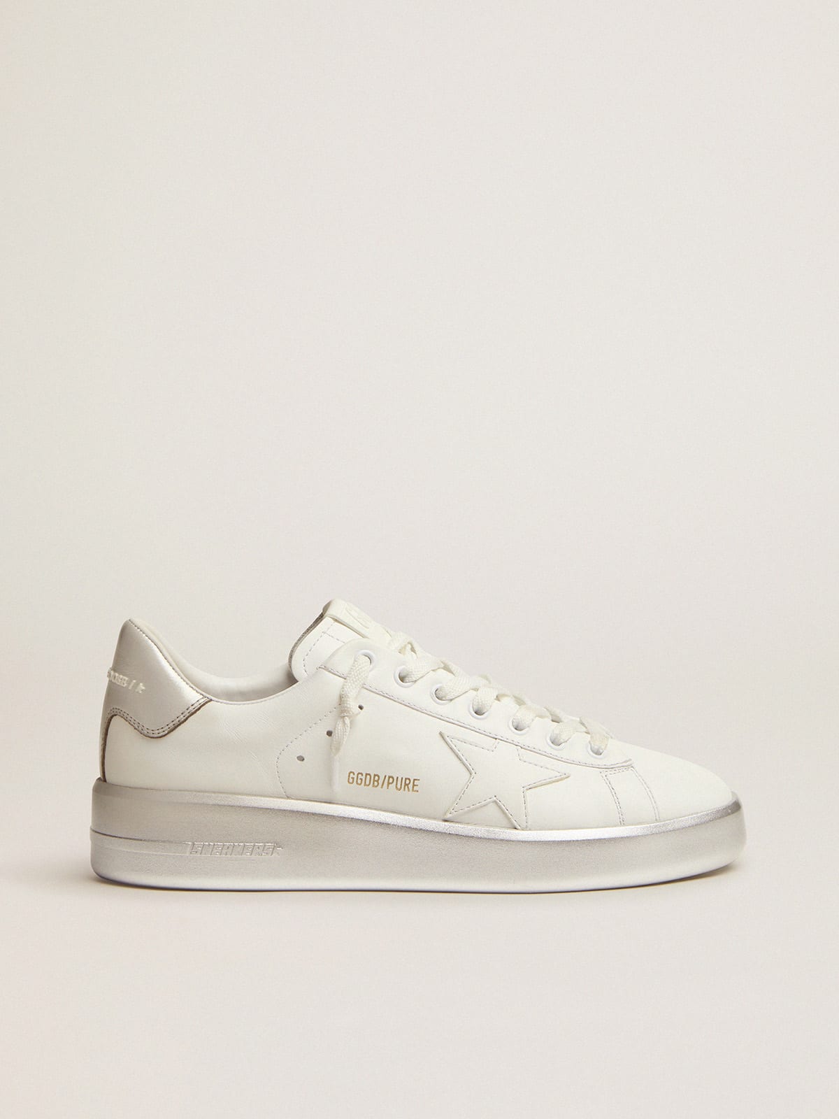 Golden Goose - Purestar sneakers in leather with silver laminated heel tab and foxing in 