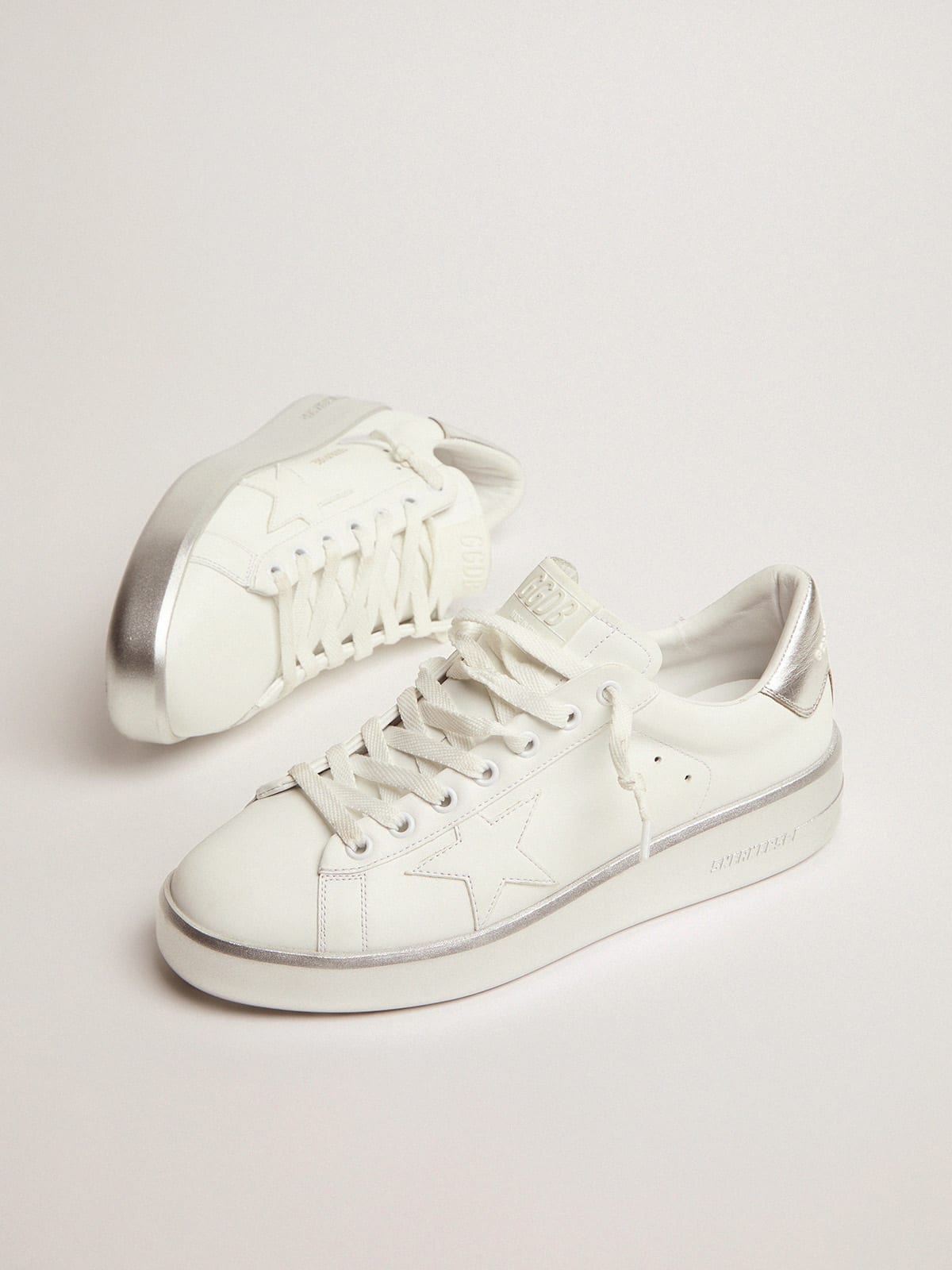 Golden Goose - Purestar sneakers in leather with silver laminated heel tab and foxing in 
