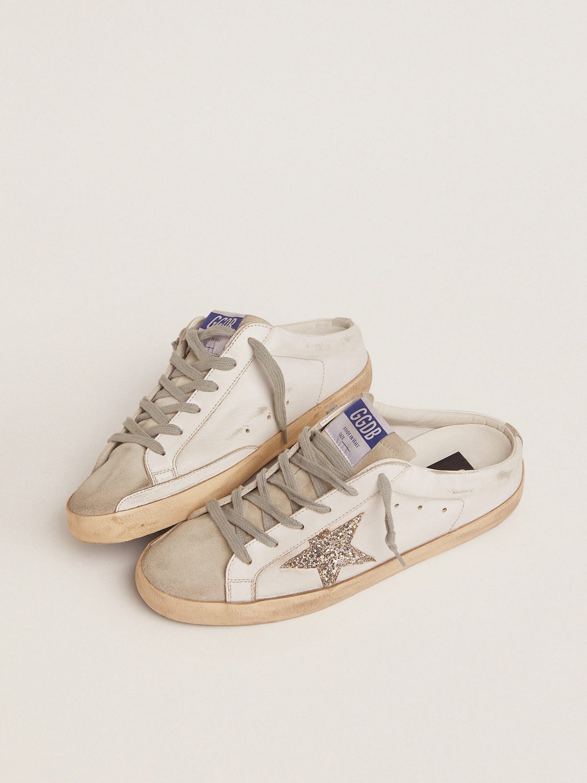 Golden Goose - Super-Star Sabots in white leather and gray suede with silver glitter star in 