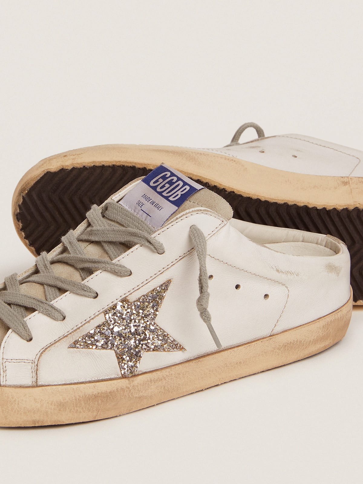 Golden Goose - Super-Star Sabots in white leather and gray suede with silver glitter star in 