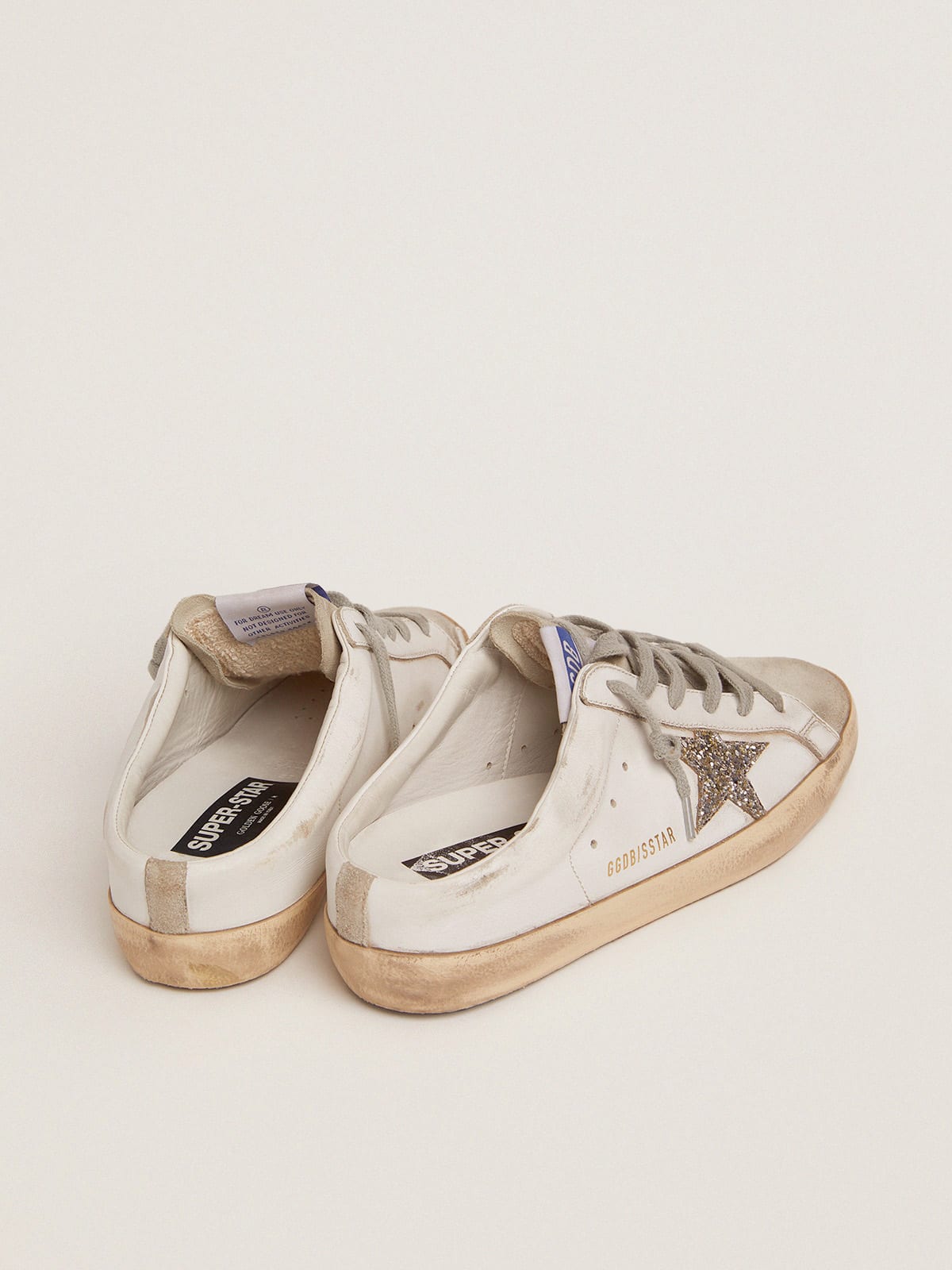 Super-Star Sabots in white leather and gray suede with silver glitter star  | Golden Goose