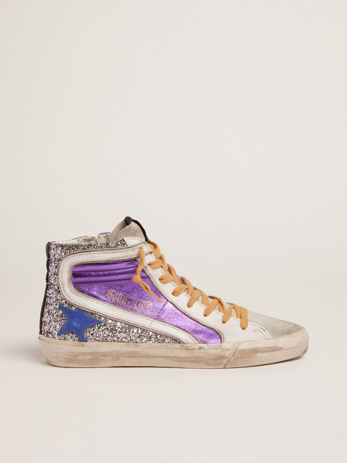 Slide sneakers with silver glitter and purple laminated leather upper |  Golden Goose