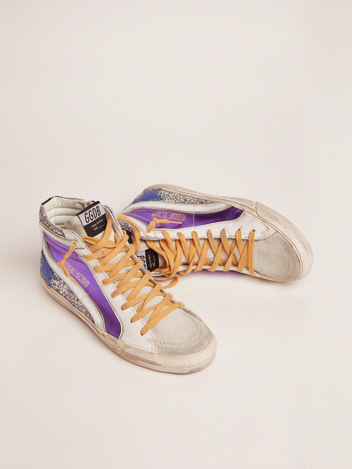 Slide sneakers with silver glitter and purple laminated leather upper |  Golden Goose
