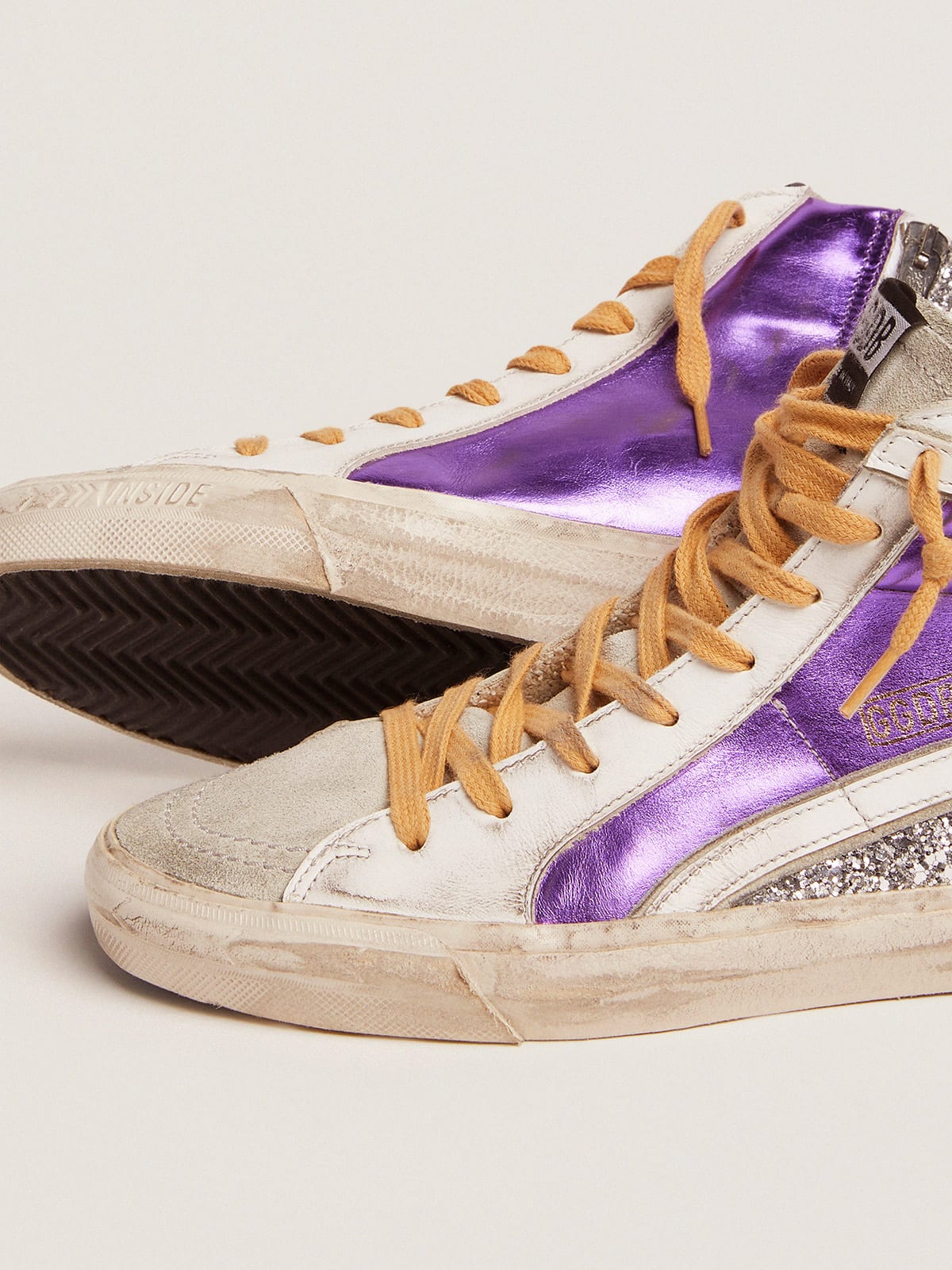 Slide sneakers with silver glitter and purple laminated leather upper |  Golden Goose